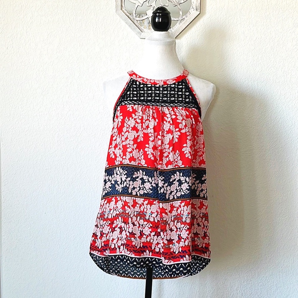 Daniel Rainn • Red Floral Crochet Lace High Neck Sleeveless Blouse
